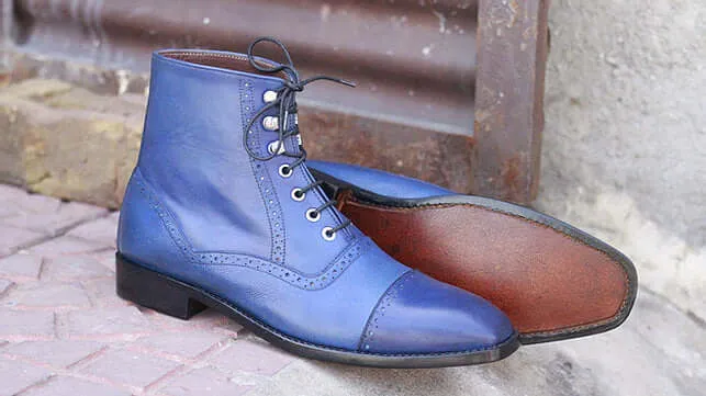 Awesome Handmade Men's Blue Leather Cap Toe Lace Up Boots, Men Fashion Ankle Boots