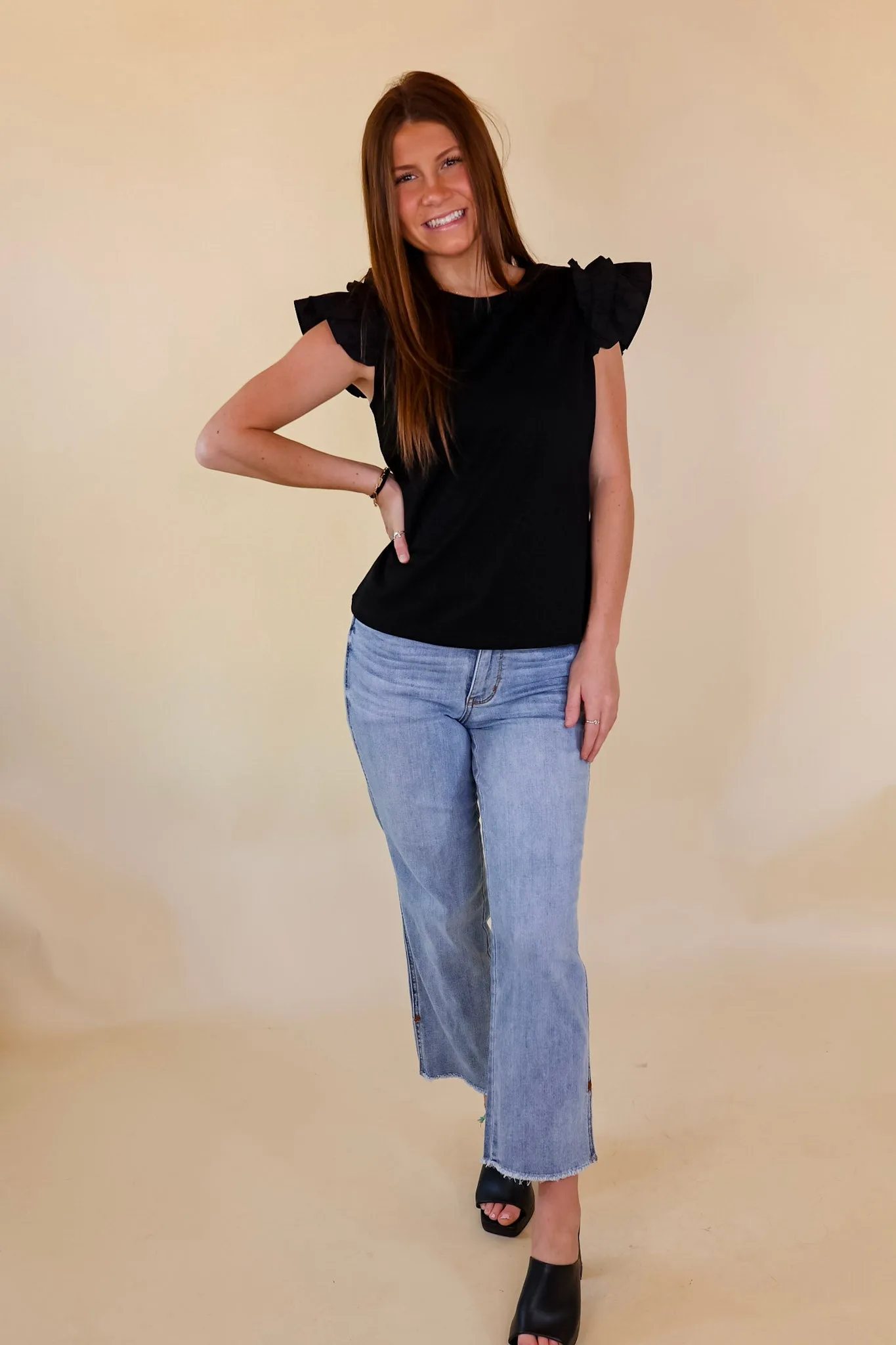 Born To Be Stylish Solid Top with Ruffle Cap Sleeves in Black