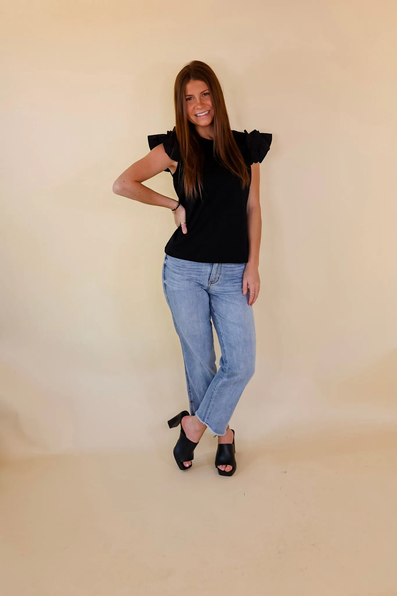 Born To Be Stylish Solid Top with Ruffle Cap Sleeves in Black
