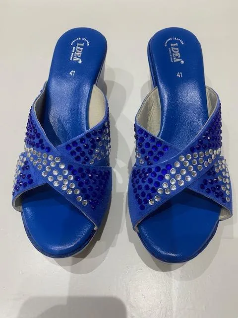 Bow Tie Rhinestone Blue Platform Wedge Heel Sandals