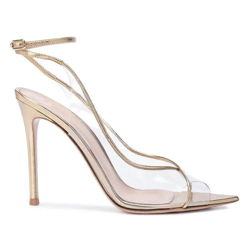 Champagne PVC Point Toe High Heel Buckle Sandals