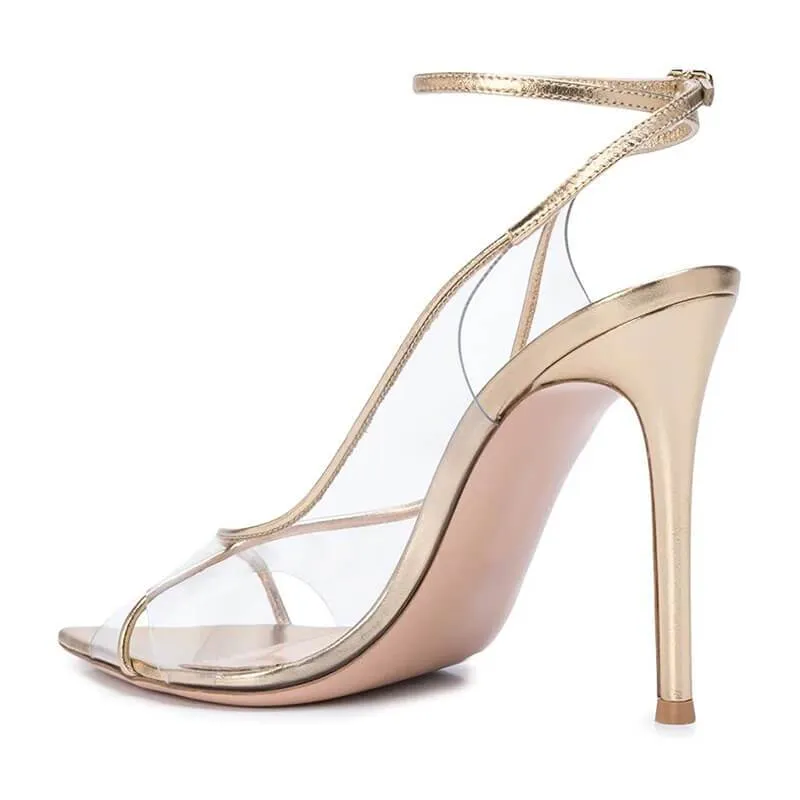 Champagne PVC Point Toe High Heel Buckle Sandals