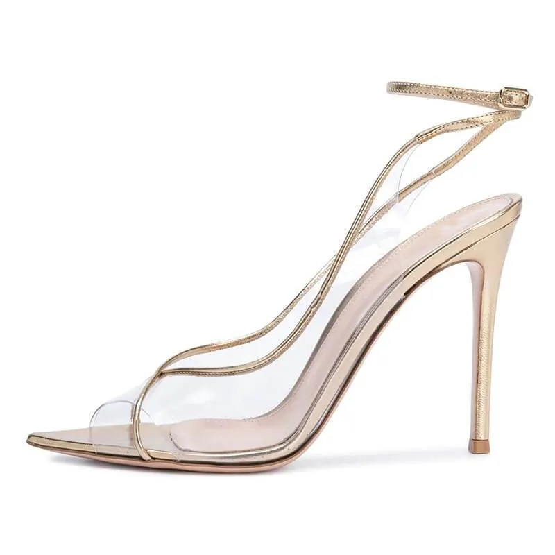 Champagne PVC Point Toe High Heel Buckle Sandals