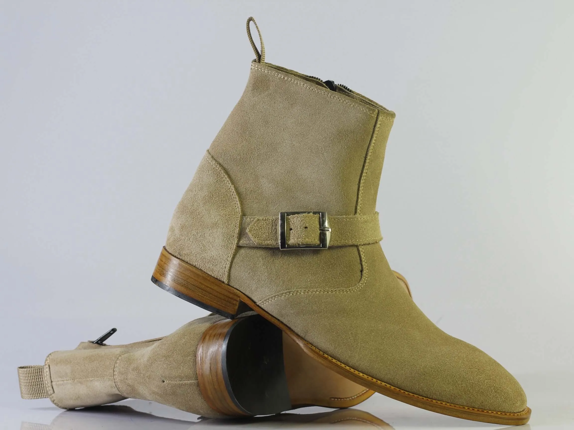 Handmade Men's Suede Beige Jodhpurs Boots, Men Monk Strap & Zipper Designer Boots