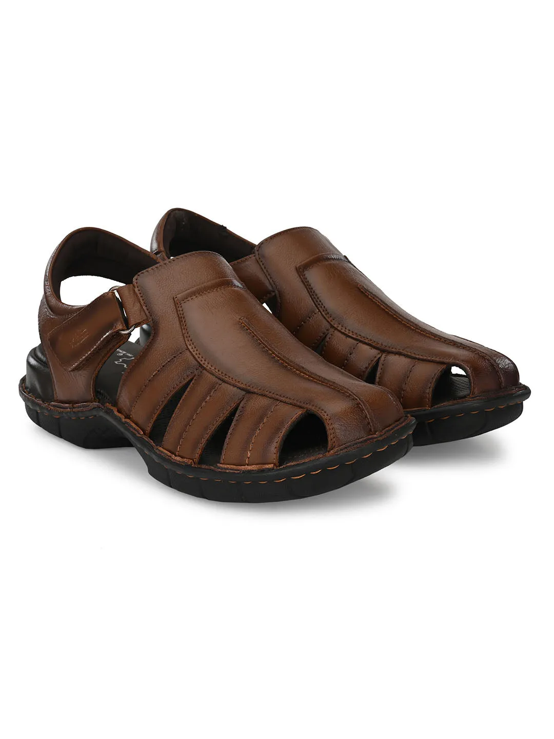 HITZ9601 Men's Tan Leather Casual Velcro Sandals