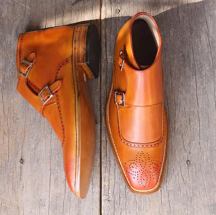 Men's Handmade Tan Double Buckle Leather Brogue Toe Ankle Boots