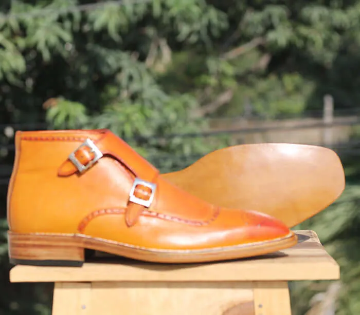 Men's Handmade Tan Double Buckle Leather Brogue Toe Ankle Boots