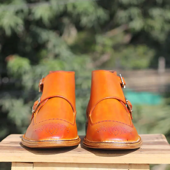 Men's Handmade Tan Double Buckle Leather Brogue Toe Ankle Boots
