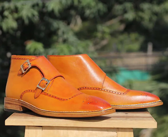 Men's Handmade Tan Double Buckle Leather Brogue Toe Ankle Boots
