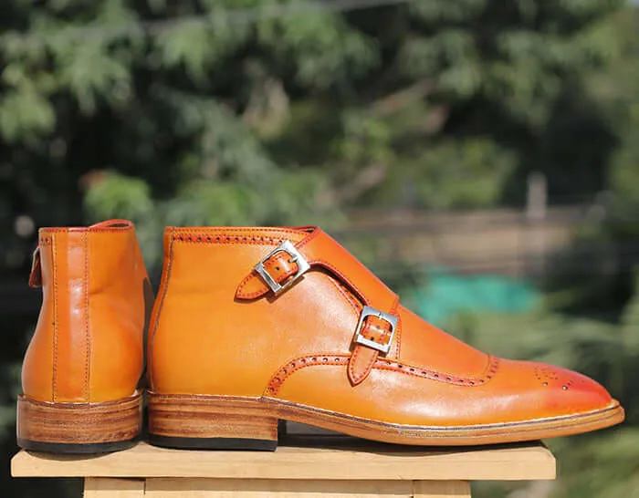 Men's Handmade Tan Double Buckle Leather Brogue Toe Ankle Boots