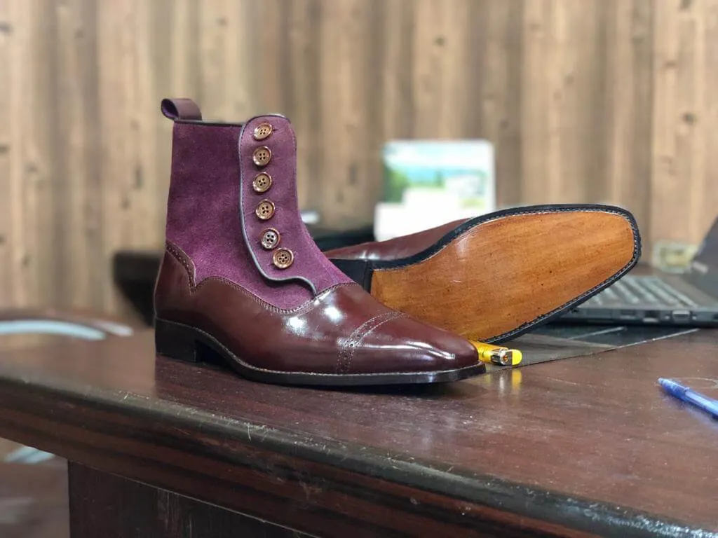 Stylish Men's Handmade Brown & Purple Leather & Suede Boots, Men Casual Ankle High Boots