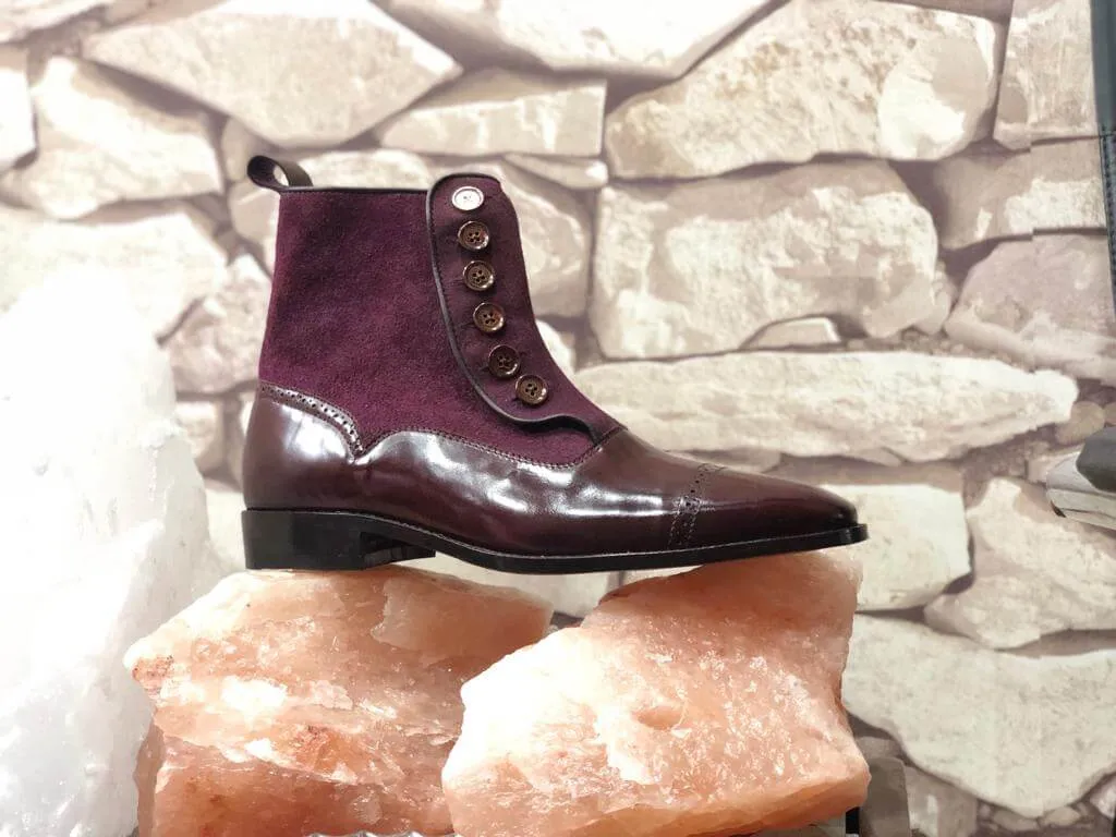 Stylish Men's Handmade Brown & Purple Leather & Suede Boots, Men Casual Ankle High Boots