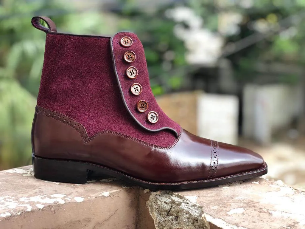 Stylish Men's Handmade Brown & Purple Leather & Suede Boots, Men Casual Ankle High Boots