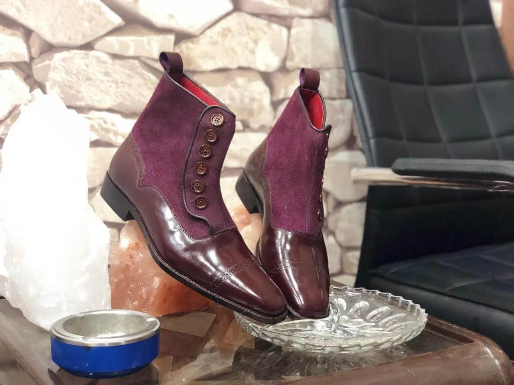 Stylish Men's Handmade Brown & Purple Leather & Suede Boots, Men Casual Ankle High Boots
