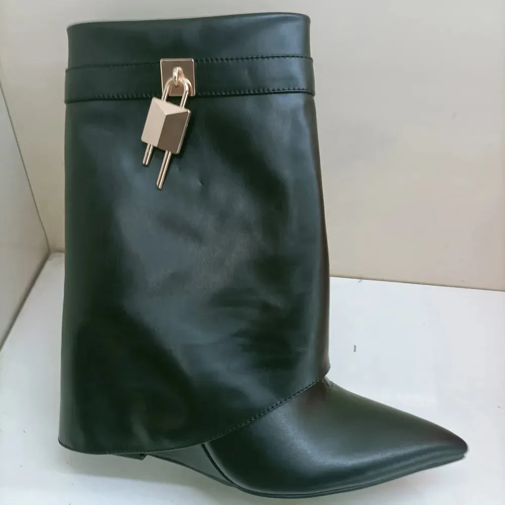 Trend4us Women's Luxury Pointed Toe Boots with Lock Detail