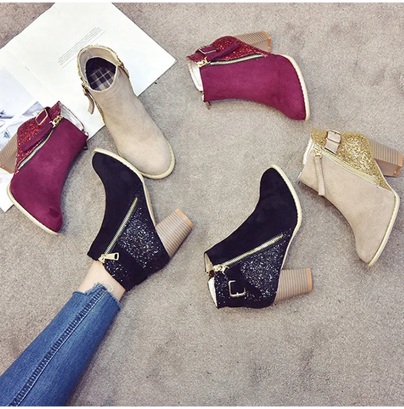 Women's Autumn High-Heeled Glitter Ankle Boots