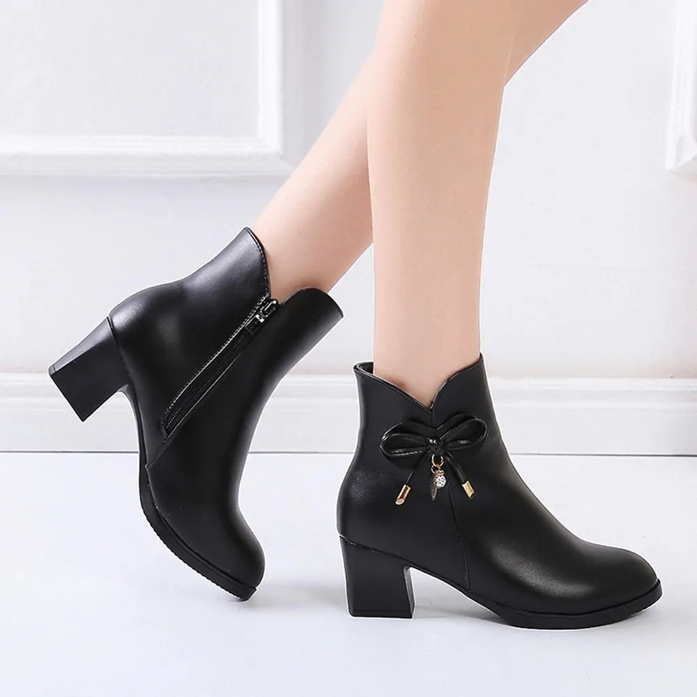Women's Autumn/Winter PU Leather Heeled Ankle Boots With Decorative Bow